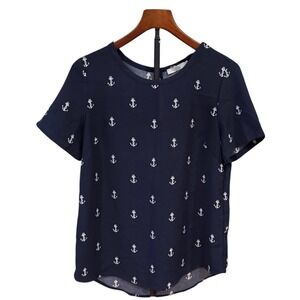 Dalia Womens Navy Blue Anchor Print Short Sleeve Blouse Size Medium Nautical Top